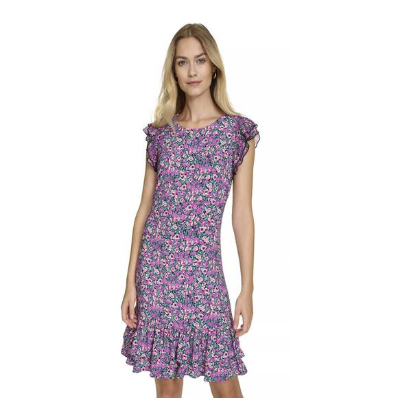 Harper Rose Floral Ruffle Sleeve/Hem Pullover Stretch Mini Dress Size 6 - Picture 1 of 5